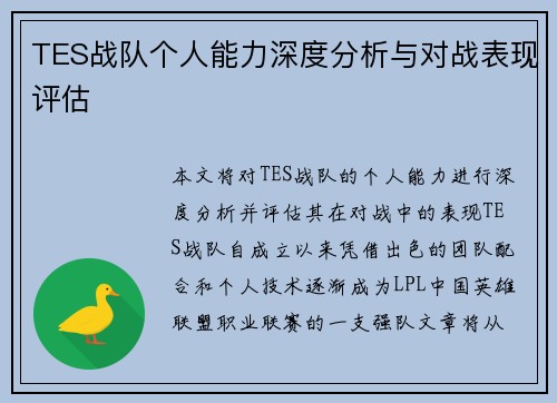 TES战队个人能力深度分析与对战表现评估