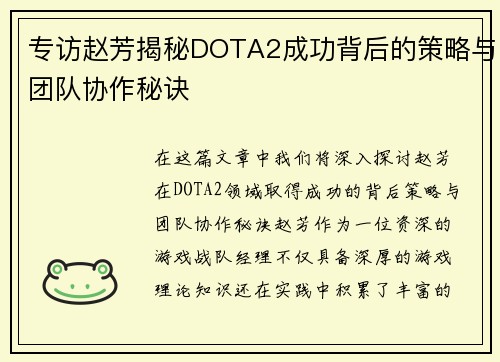 专访赵芳揭秘DOTA2成功背后的策略与团队协作秘诀